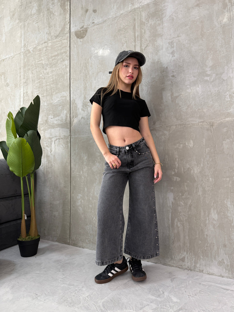 Jean palazzo Estrella Retro plomo, de frente y de cuerpo entero